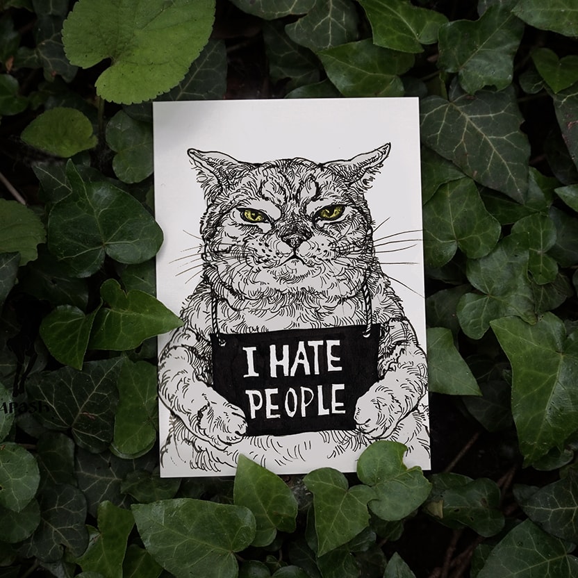 Картичка със сърдита котка "I hate people"